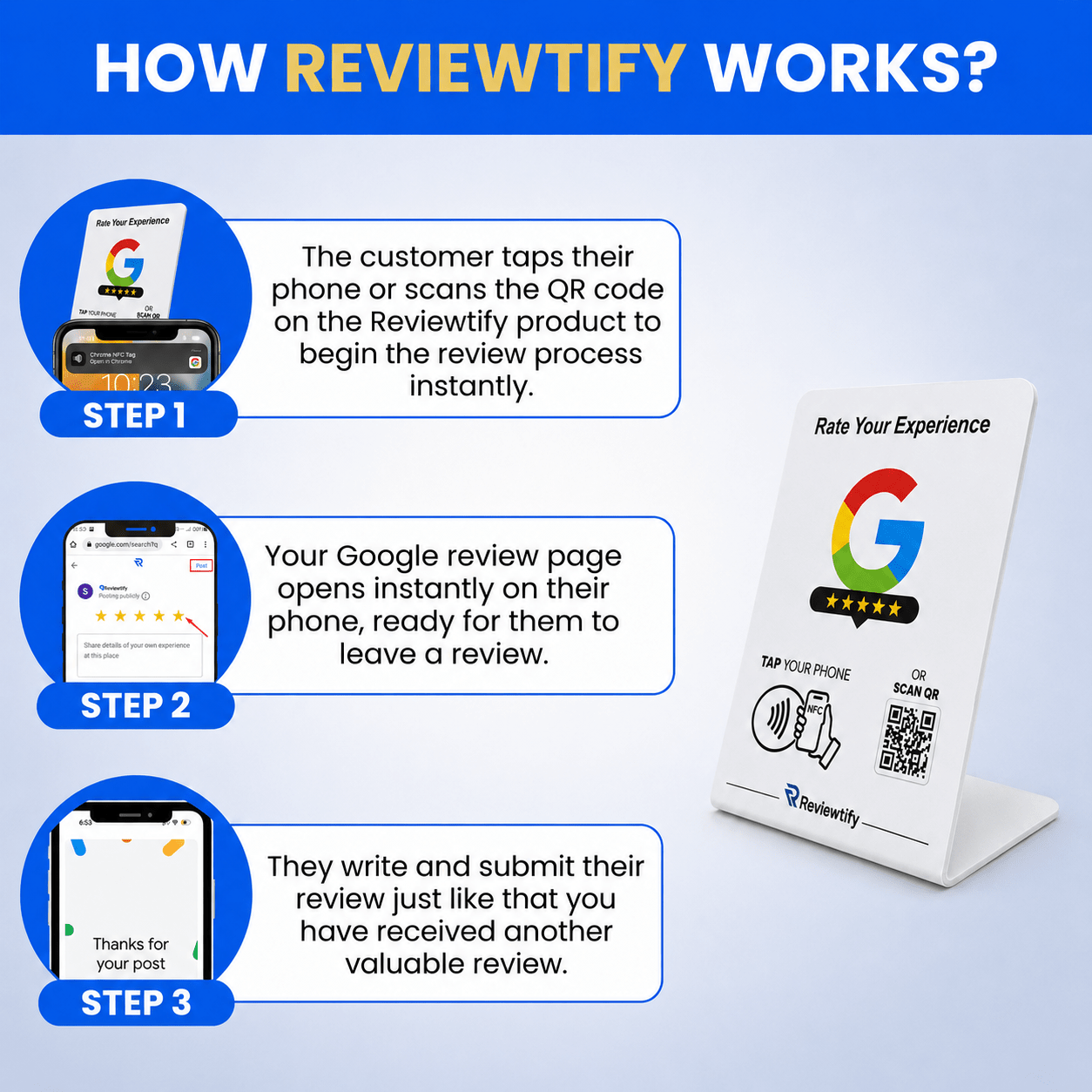 Reviewtify™ NFC+QR Google Review Stand Reviewtify